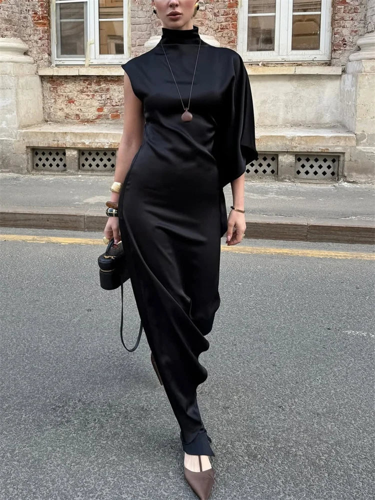 Stylish Satin Turtleneck Sleeveless Maxi Dress For Casual Commute