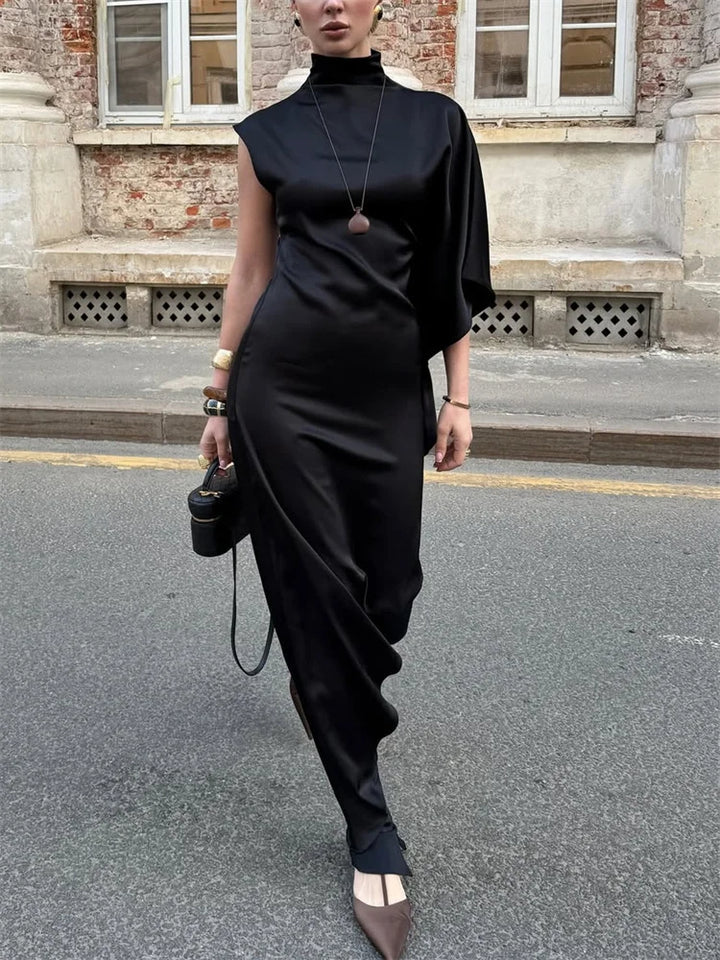 Stylish Satin Turtleneck Sleeveless Maxi Dress For Casual Commute