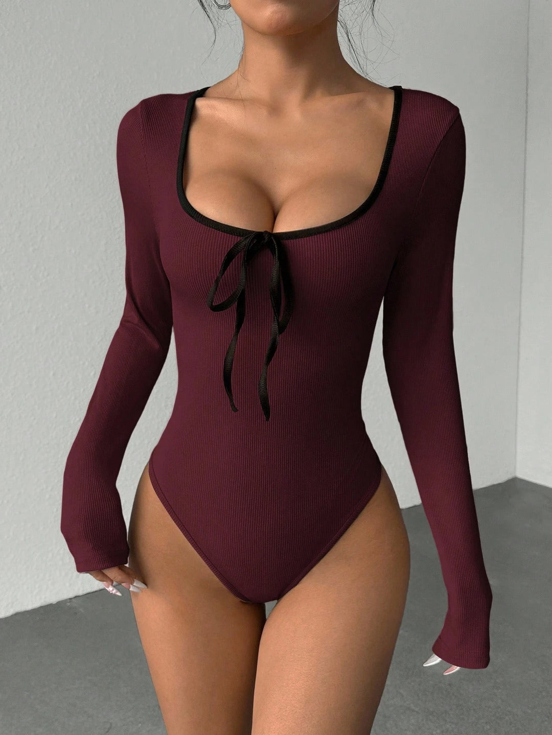 Trendy Women Rib Knit Bow Bodysuit Slim Color