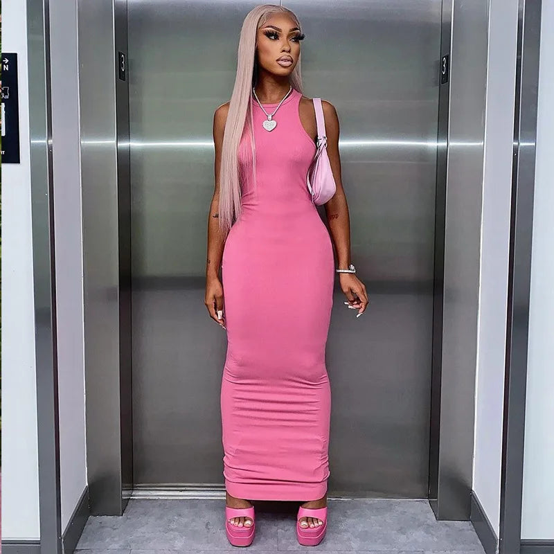 Hugcitar Ribbed Y2K Sleeveless Bodycon Maxi Dress