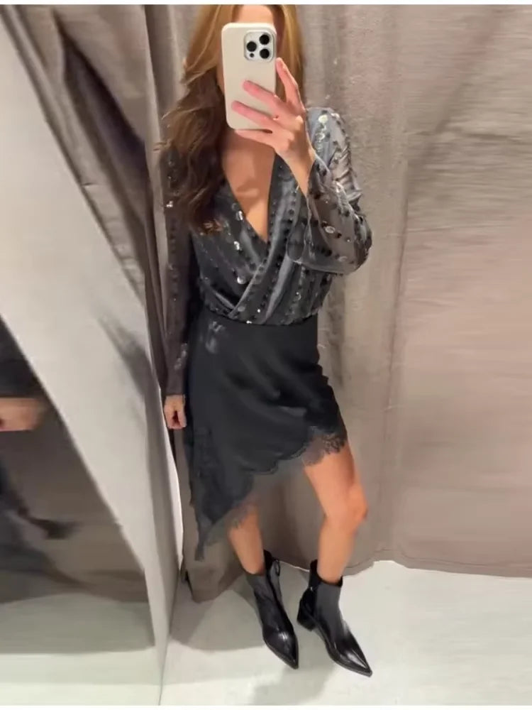 V Neck Layered Sequin Jumpsuit Women Partywear