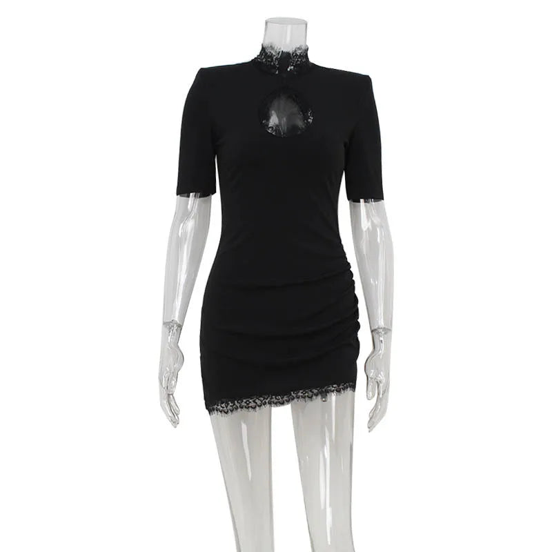 Lace Patchwork Bodycon Mini Dress High Collar