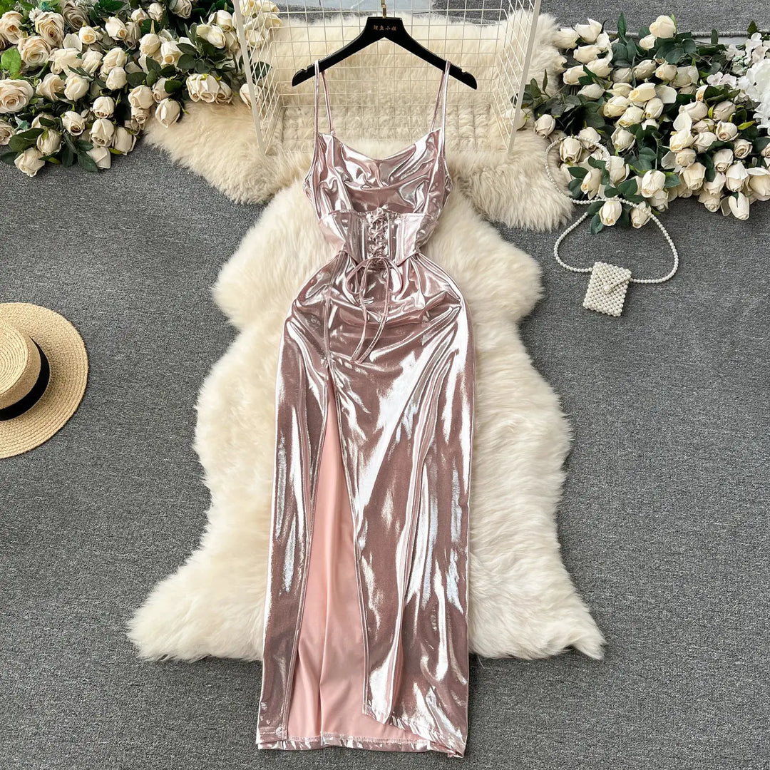 SINGREINY Spaghetti Strap Split Long Dress 2025 Ladies Fake Leather Lace Up Bodycon Sundress Y2K Hotsweet Shiny Slim Party Dress