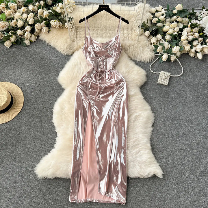 SINGREINY Spaghetti Strap Split Long Dress 2025 Ladies Fake Leather Lace Up Bodycon Sundress Y2K Hotsweet Shiny Slim Party Dress