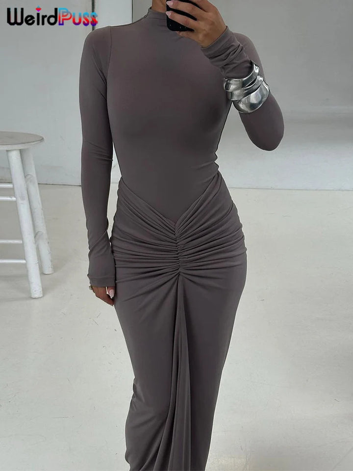 Weird Puss Ruched O Neck Slim Bodycon Dress