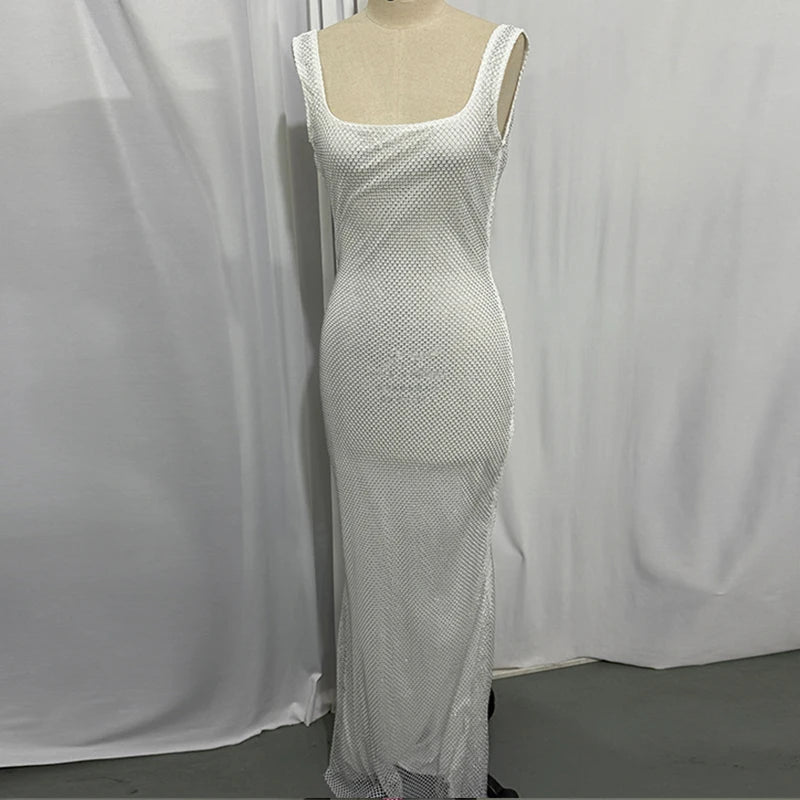 Giyu Sequined Mesh Diamond Backless Maxi Dress