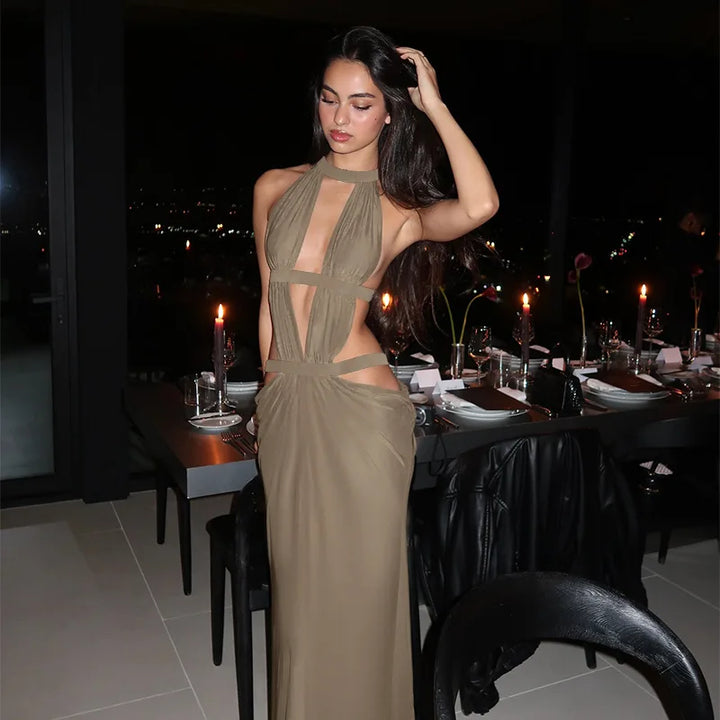 Elegant Khaki Halter Backless Maxi Party Dress