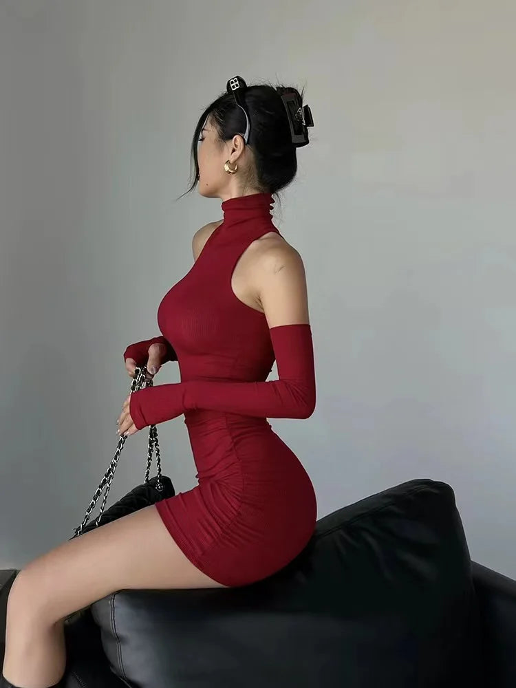 Stylish Black Ruched Turtleneck Mini Dress