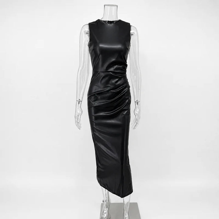 Sleeveless Leather Maxi Dress High Waist Party