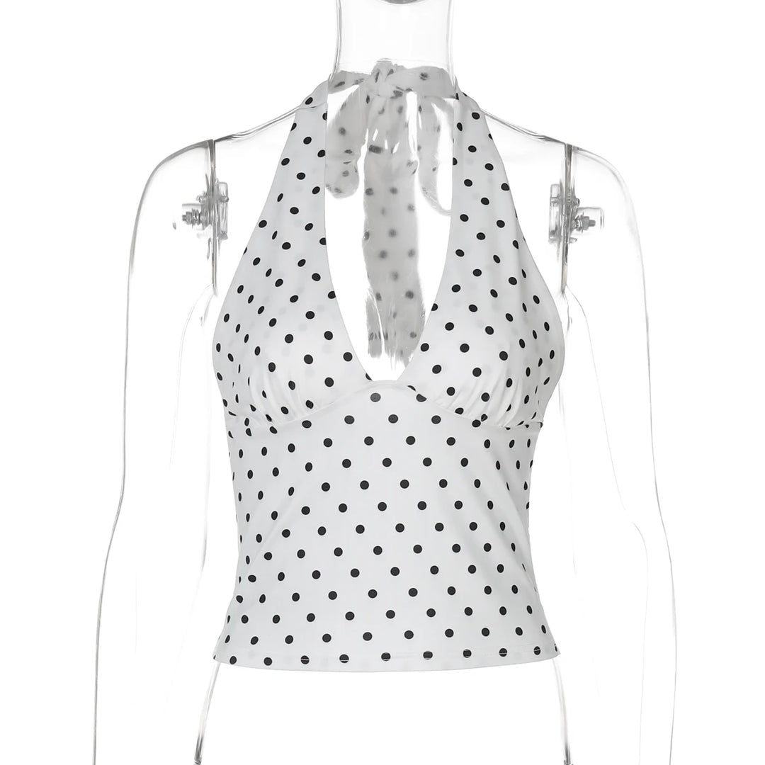 Dulzura Polka Dot Knitted Halter Backless Top