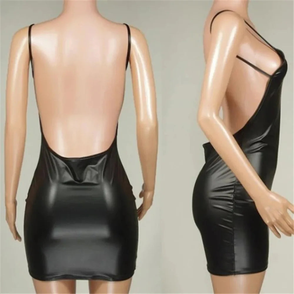 Sexy Backless Faux Leather Club Dress Bodycon Wet Look Mini