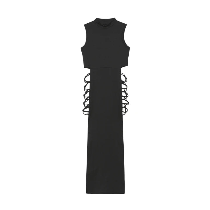 Criss Cross Cut Out Bodycon Dress Mock Neck