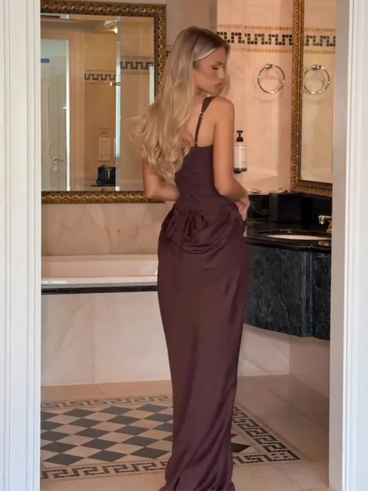 Women Brown Pleated Off Shoulder Maxi Dress