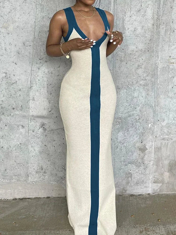Stunning V-Neck Contrast Long Dress For Party and Club Events