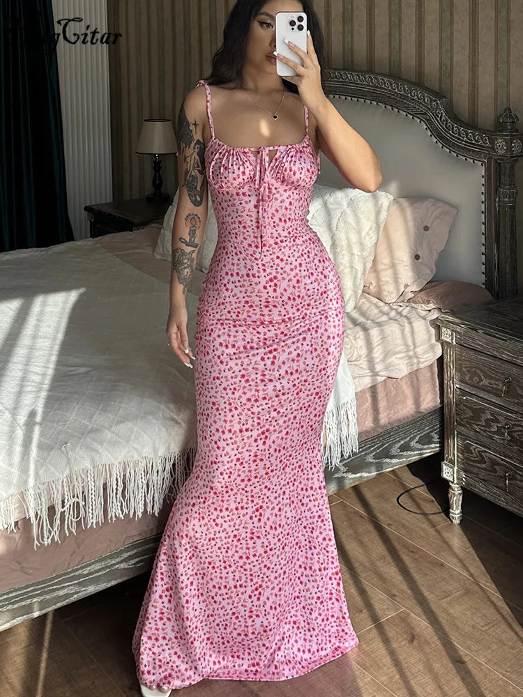 Hugcitar Floral Print Backless Lace Up Maxi Dress