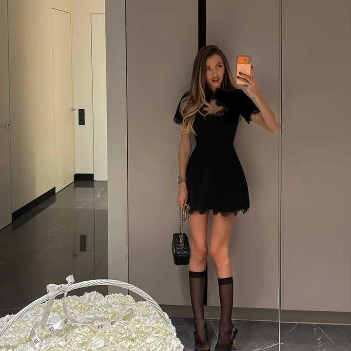 Sculptural Black Lace Sheath Dress Elevates Your