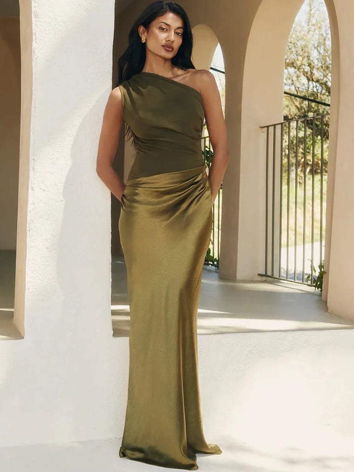 JULISSA MO Brown Satin One Shoulder Maxi Dress