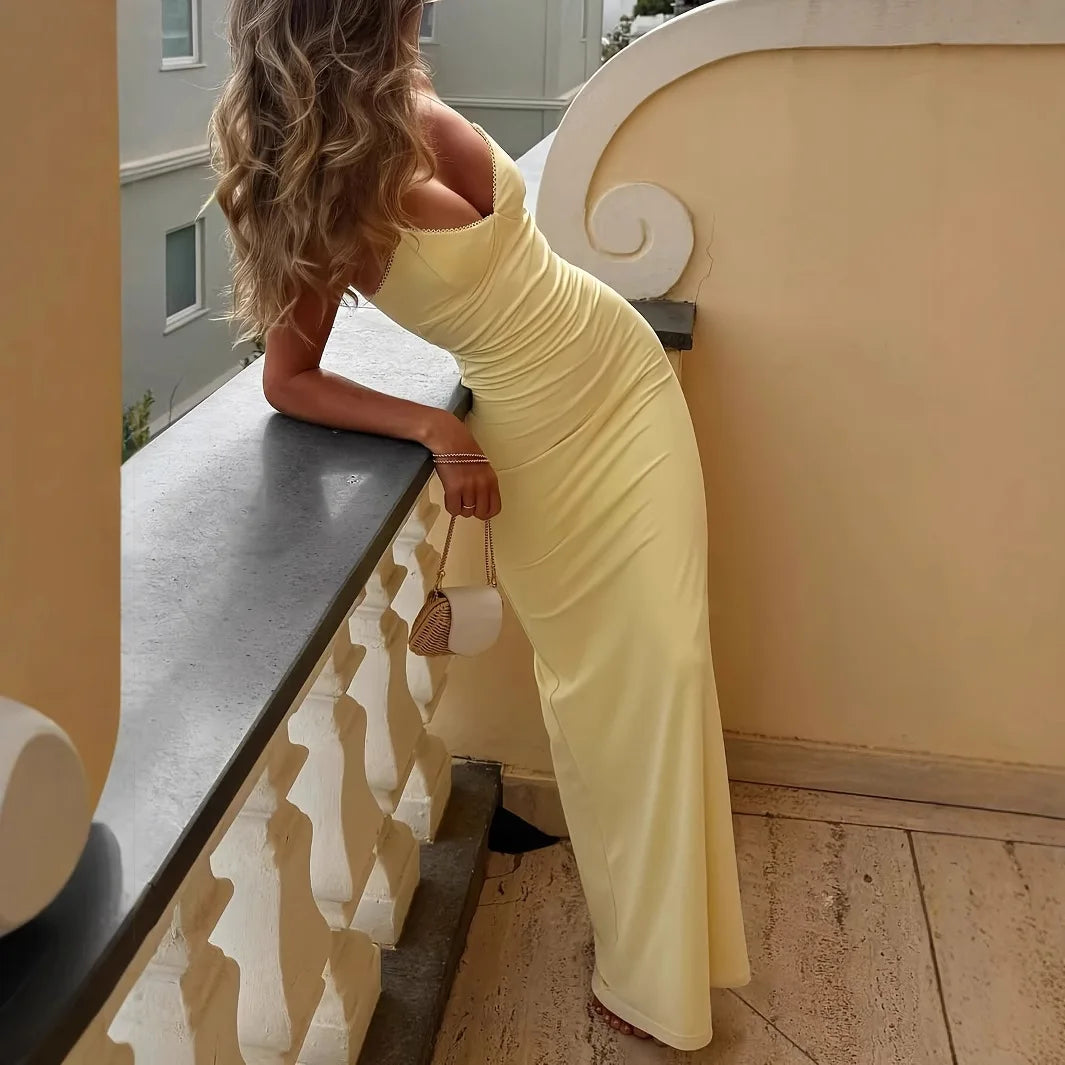 Elegant Yellow V Neck Backless Summer Dress