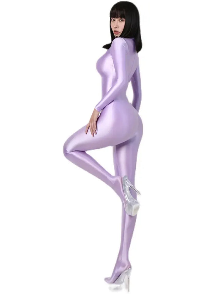 Glossy Longsleeve Elastic Bodysuit Jumpsuit Women