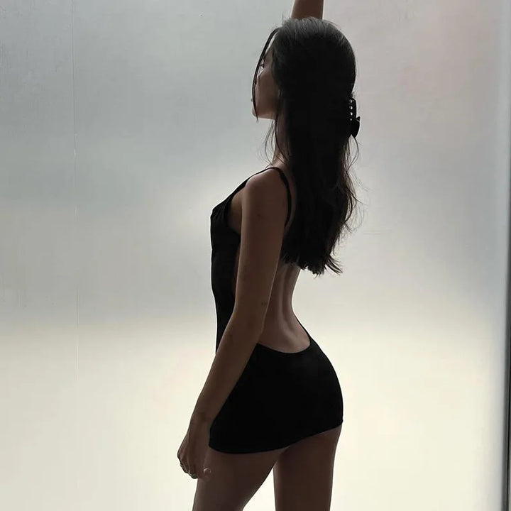 Stunning Black Y2K Backless Knit Mini Dress