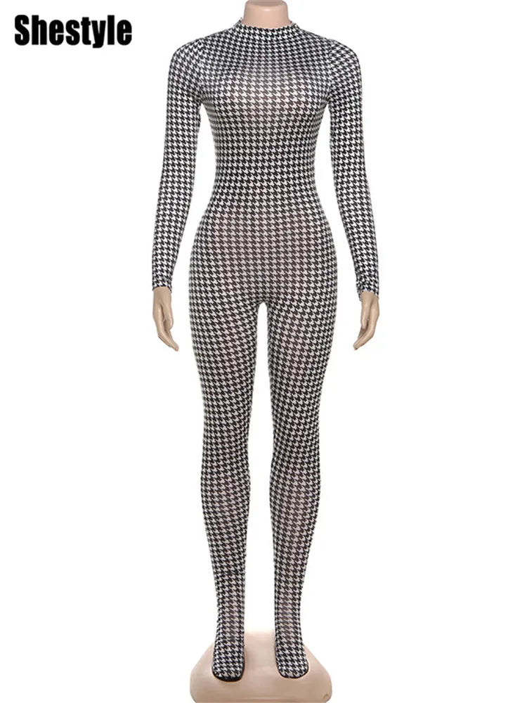 Plaid Bodycon Jumpsuit For Women Winter Zipper