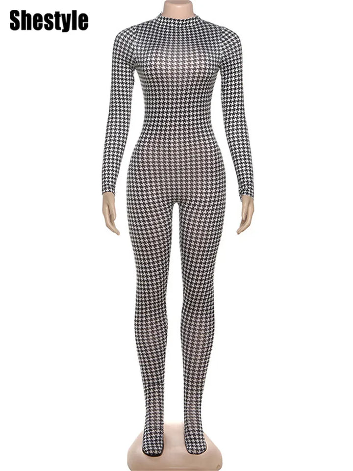 Plaid Bodycon Jumpsuit For Women Winter Zipper