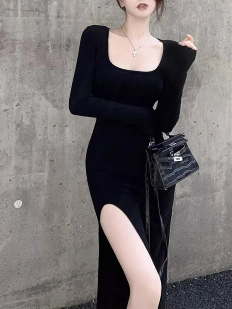 Sexy Side Slit Bodycon Dress For Women Black