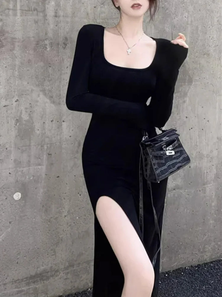 Sexy Side Slit Bodycon Dress For Women Black