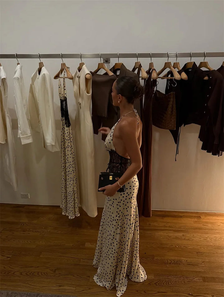 Elegant Polka Dot Lace Maxi With Backless V Neck