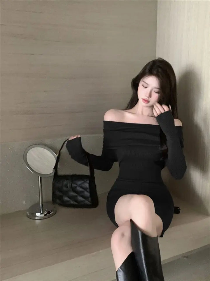 Black Off Shoulder Mini Dress Long Sleeve Bodycon
