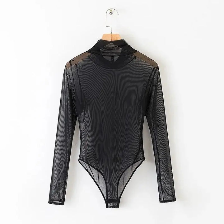 Stylish Mesh Bodysuit For Women See Through Long Sleeve