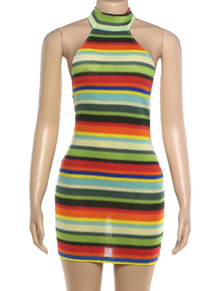 Kliou Patchwork Mini Dress Bandage Halter Backless