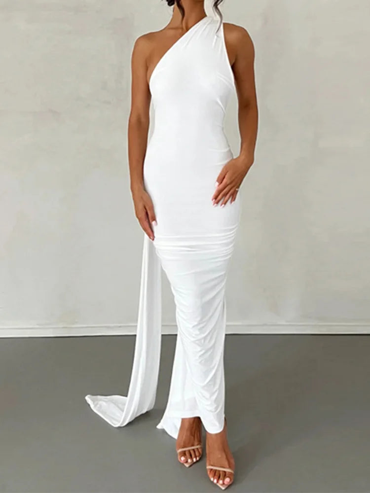 Neon Y2K One Shoulder Backless Ruched Maxi Dress