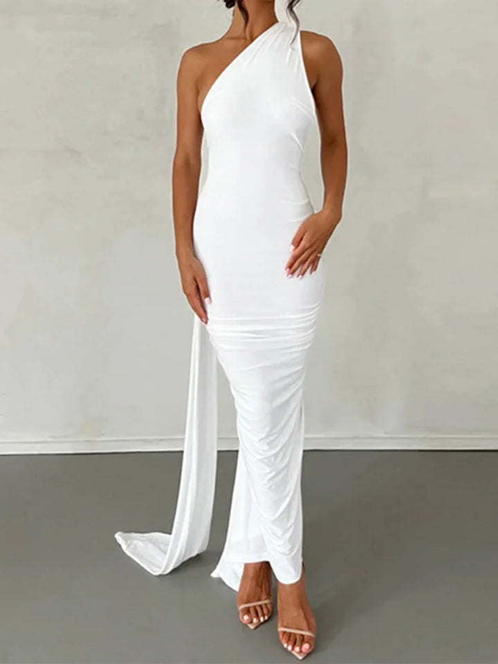 Neon Y2K One Shoulder Backless Ruched Maxi Dress