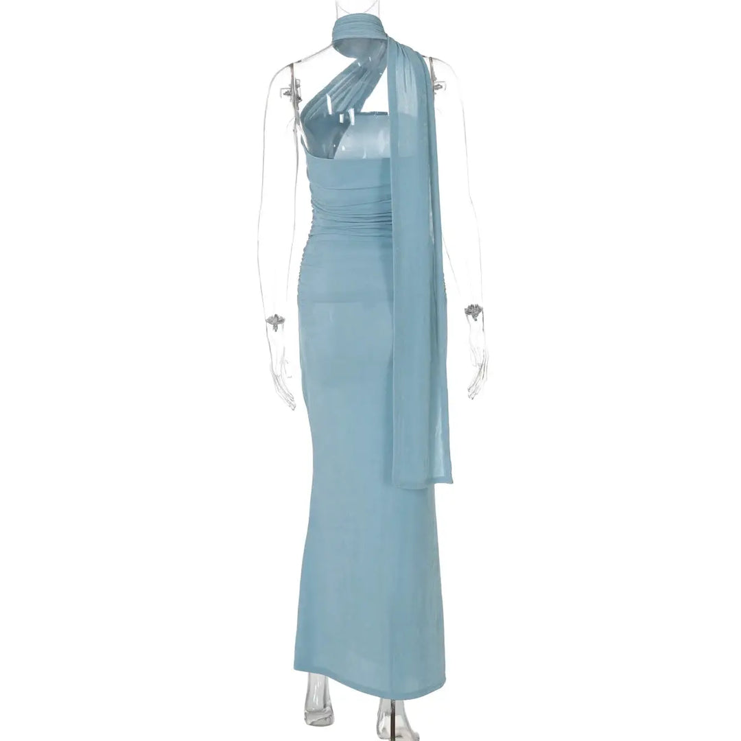 Hugcitar Halter Solid Sleeveless Backless Ruched Sexy Bodycon Maxi Prom Dress Summer Women Elegant Outfit Evening Party Birthday
