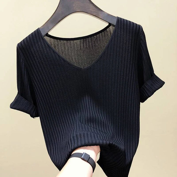 AOSSVIAO 2026 Basic V-neck Solid Thin Summer Women Pullover Female Thin Knitted Ribbed Sweater Slim Short Sleeve Bodycon Sweater