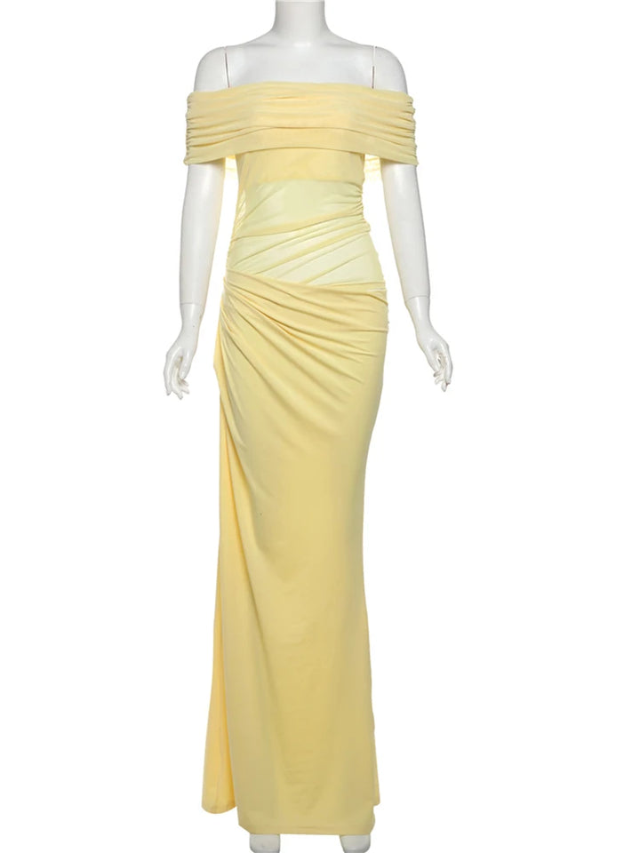 Weird Puss Ruched Mesh Patchwork Slash Neck Dress