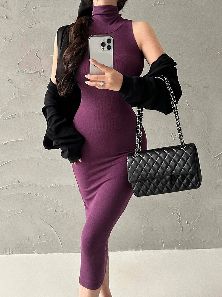 Red Turtleneck Midi Bodycon Dress For Women Party