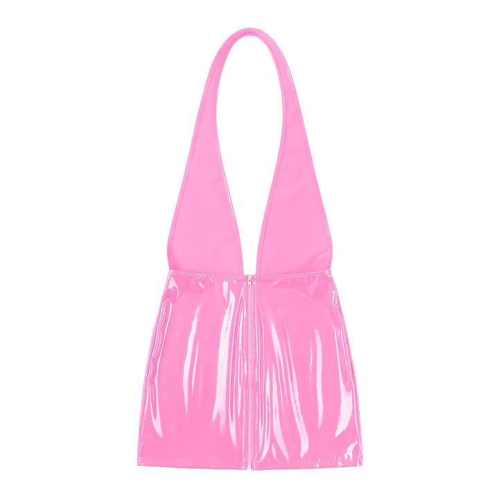 Trendy Msimis Patent Leather Backless Mini Dress