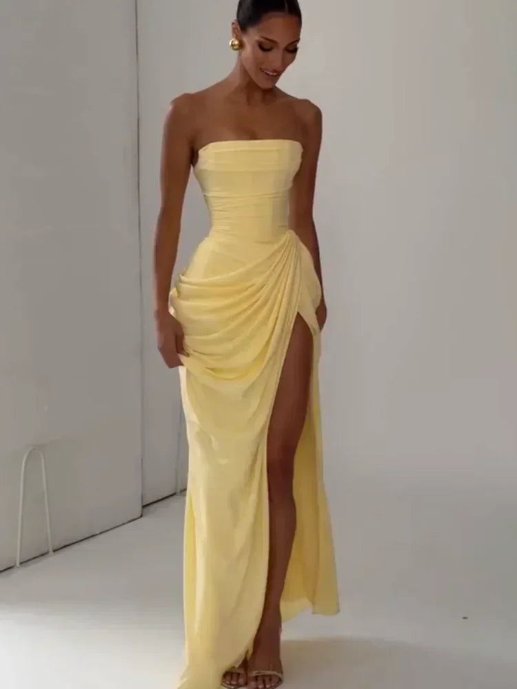 Elegant Yellow Strapless Pleated Dress For Summer Evening Parties