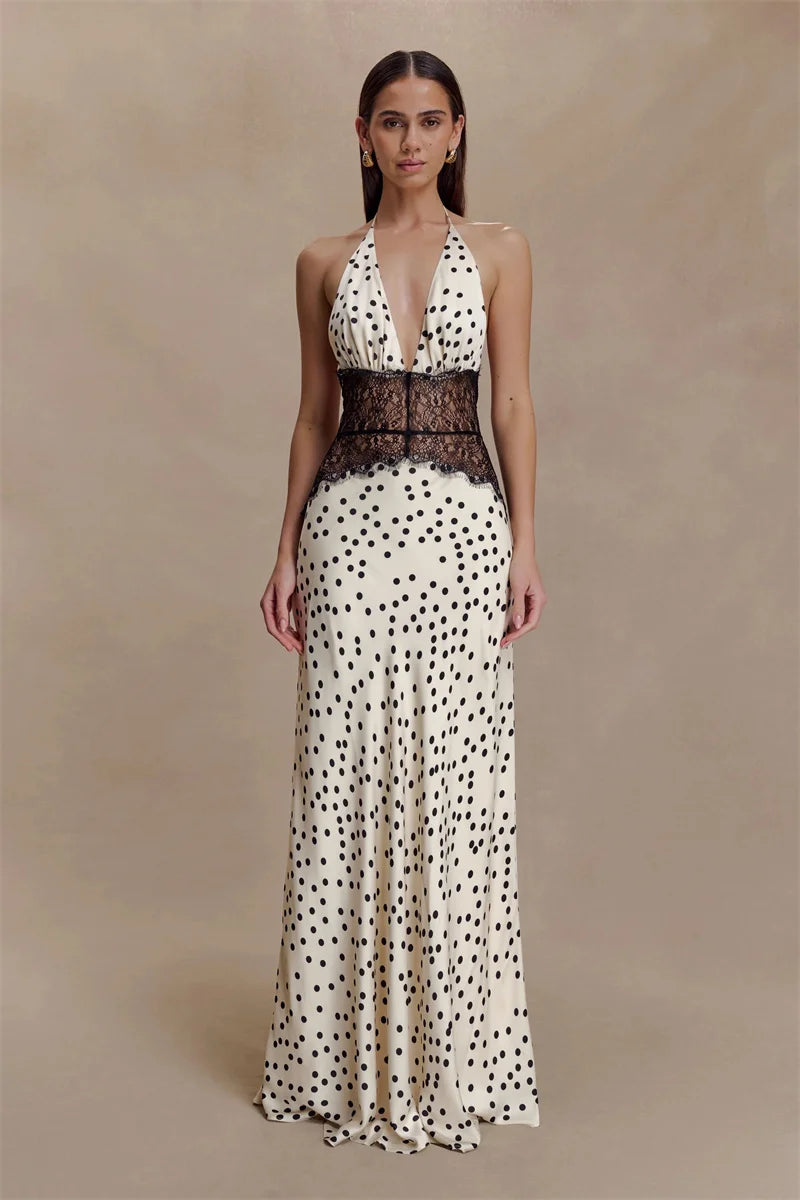 Elegant Polka Dot Lace Maxi With Backless V Neck