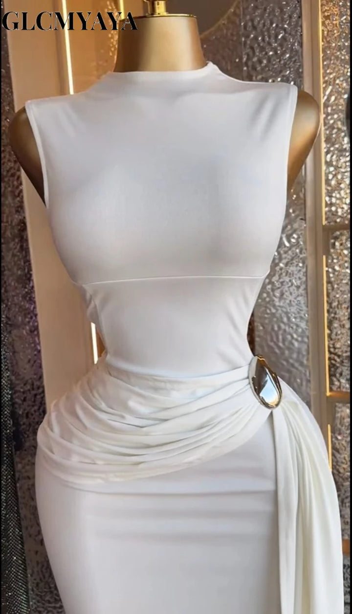 Women Sleeveless O Neck Ruched Bodycon Maxi Dress