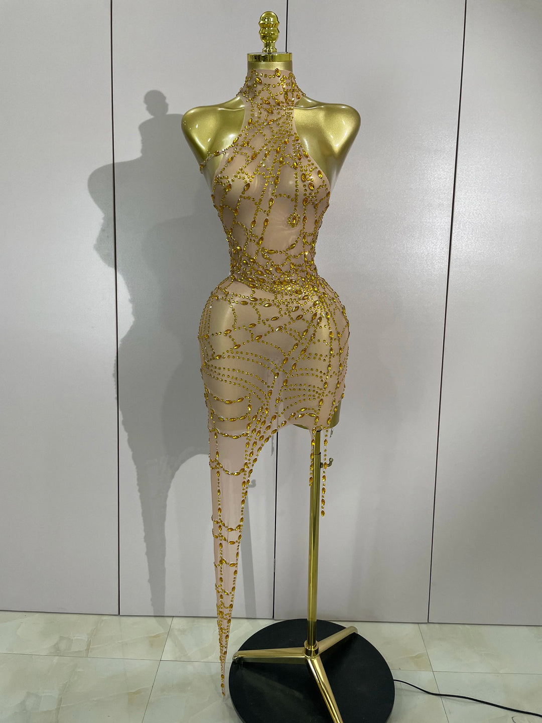 Sparkly Diamond Mesh Asymmetric Bodycon Mini Dress