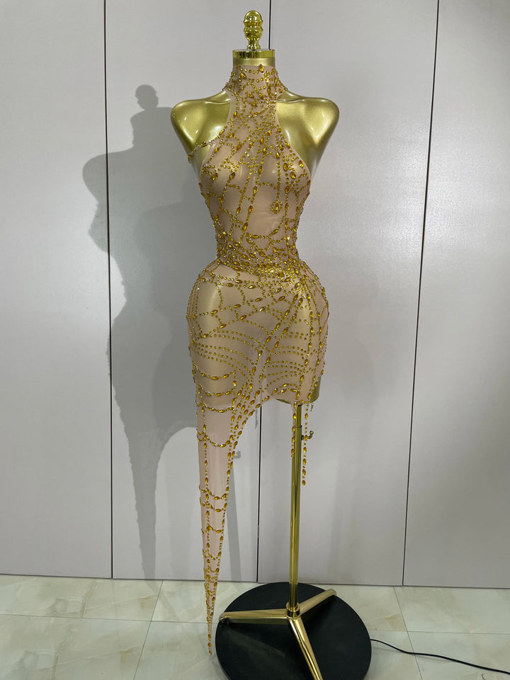 Sparkly Diamond Mesh Asymmetric Bodycon Mini Dress