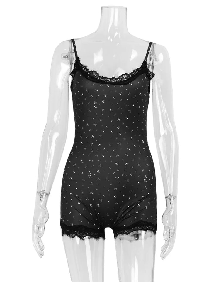 Printed Playsuits For Women Fashion Sexy Cute Lace Sleeveless Slash Neck Sheath Bodycone Sleepwear Romper Female Slim Fit Casual