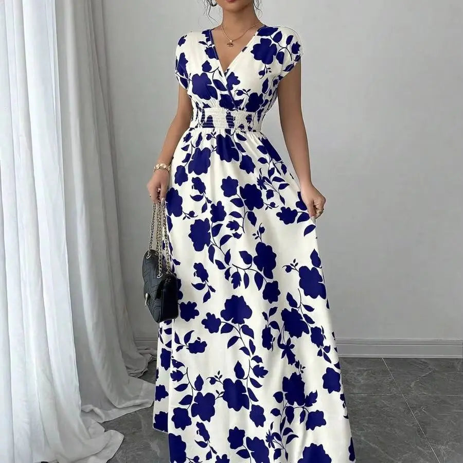 Charming Ditsy Floral V Neck Waisted Maxi Dress