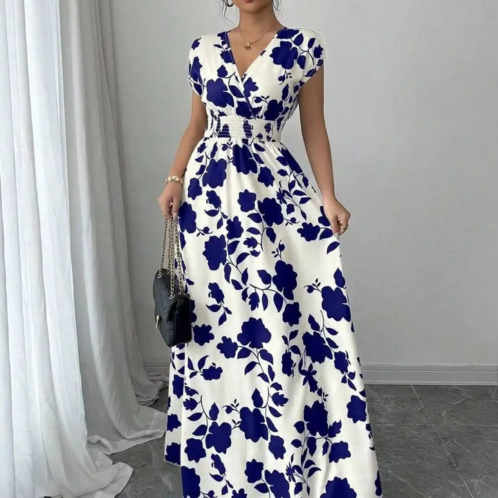 Charming Ditsy Floral V Neck Waisted Maxi Dress