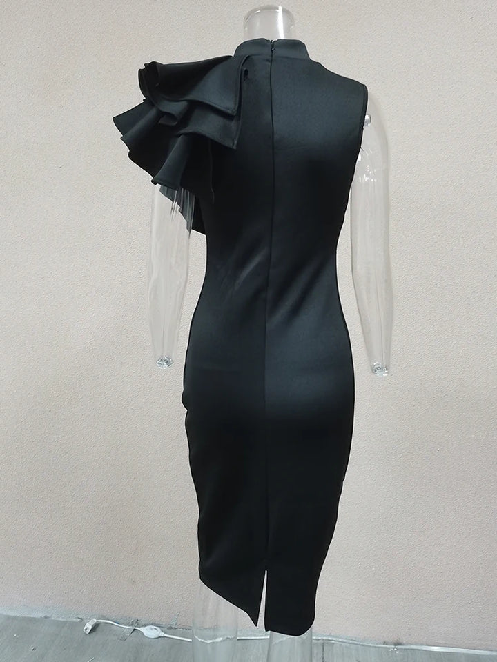 Stunning One Shoulder Midi Evening Dress With