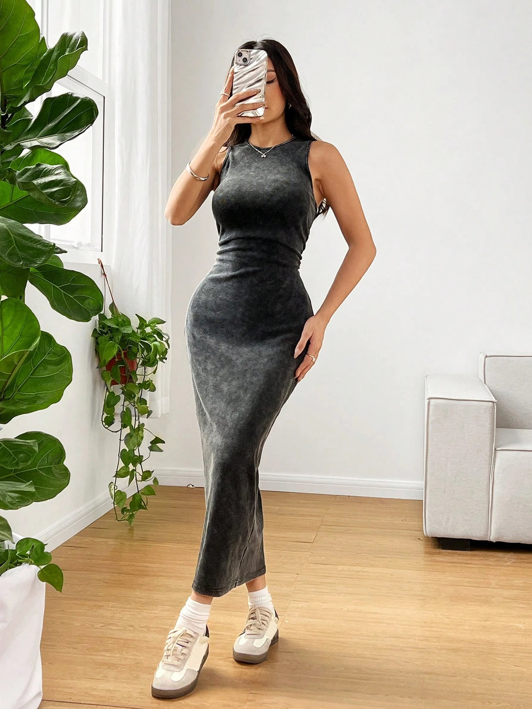 Womens Summer Round Neck Pleated Bodycon Dress