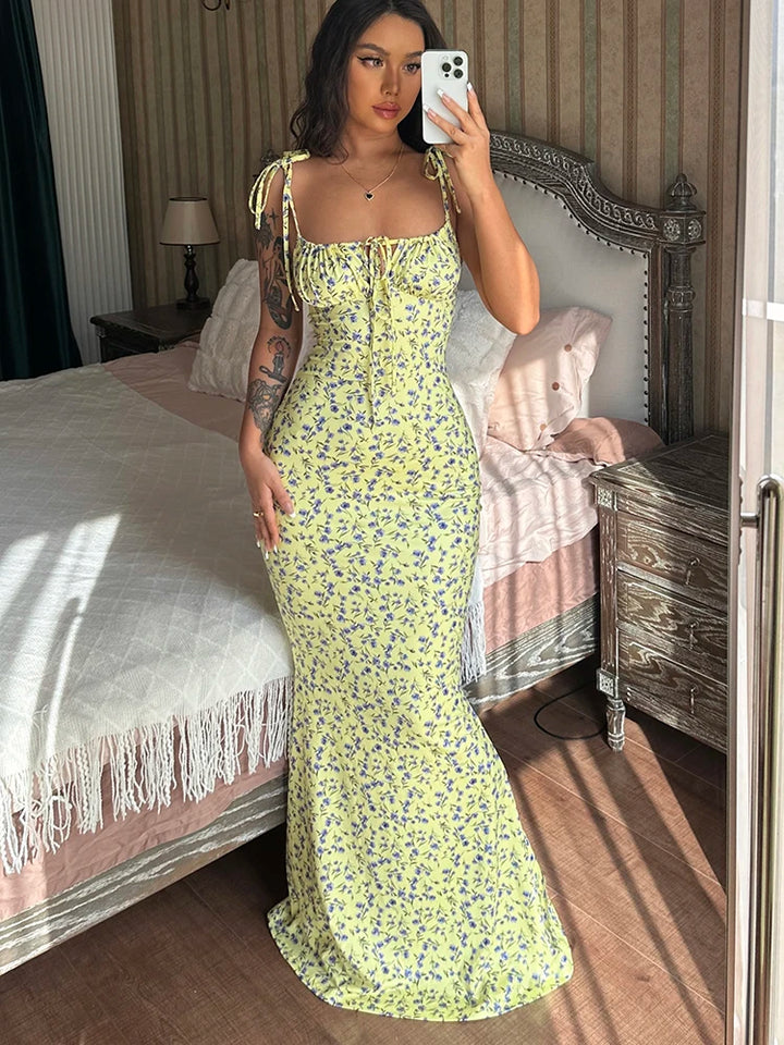 Hugcitar Floral Print Backless Lace Up Maxi Dress